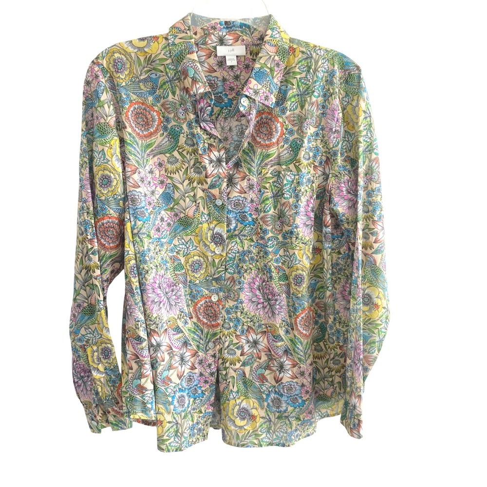 J. Jill Womens Small Cotton Button Down Shirt Bird Floral Print Long Sleeve Tan